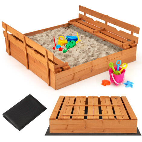Bac à Sable en Bois avec Couvercle, Bancs Pliables et Tapis de Protection pour le Sable, pour Enfants de 18+ Mois, 125 × 118 × 42,5 cm