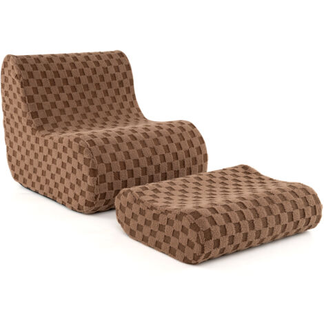 Fauteuil Pouf avec Ottoman, avec Éponge à Haute Élasticité, Fond Antidérapant & Housse en Velours Teddy Lavable en Machine, Marron