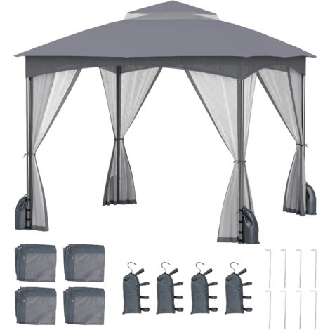 Tonnelle de Jardin 3 x 3 M avec Parois en Filet, Tente de Reception avec Double Toit 4 Sacs de Sable, Gazebo Imperméable, pour Terrasse, Gris (1/5)