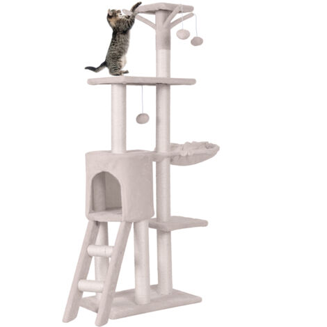 Arbre à Chat XXL 140 cm en Bois, 4 Plateformes, 7 Poteaux à Griffer en Sisal, 3 Baquettes à Pompons, Echelle, Condo, Tissu Peluche, 93 x 36 x 140 cm (1/5)