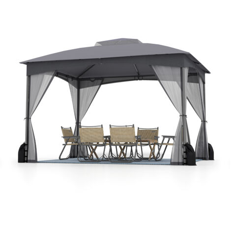 Tonnelle de Jardin 300 x 365 cm avec Parois en Filet, Tente de Reception avec Double Toit 4 Sacs de Sable, Gazebo Imperméable pour Terrasse, Gris (1/5)