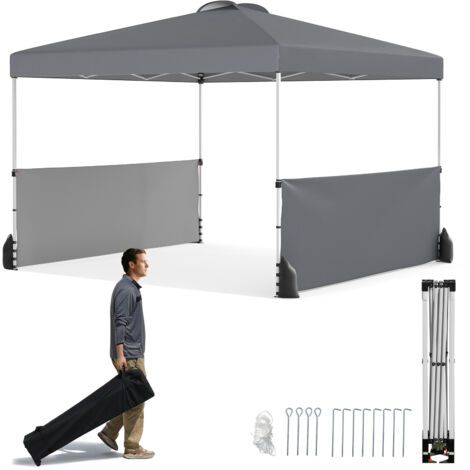 Tonnelle Pliable 300 X 300 CM avec 2 Demi-Murs Latéraux, Sac à Roulettes, 8 Piquets, 4 Ancrages, 4 Cordes de Vent, 4 Sacs de Sable, Gris
