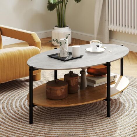 Costway – Table basse ovale en pierre – 2 niveaux de rangement – Cadre en métal robuste – Dimensions 105 x 65 x 43 cm – Design compact et élégant (1/5)