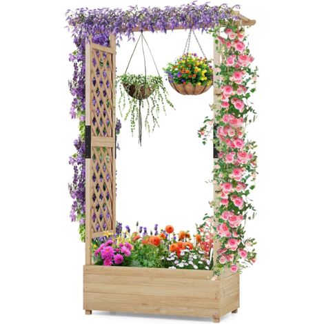 Jardinière avec 2 Treillis Latéraux Toit Suspendu en Bois de Sapin avec Trou de Drainage, Lit de Jardin Surélevé, 110 x 44 x 182 cm, Brun (1/5)