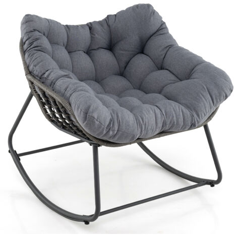 Fauteuil à Bascule d'Extérieur, Fauteuil Œuf Surdimensionné en Osier PE avec Coussin Épais Amovible, 98 x 98 x 87 cm, Charge 150 kg, Gris