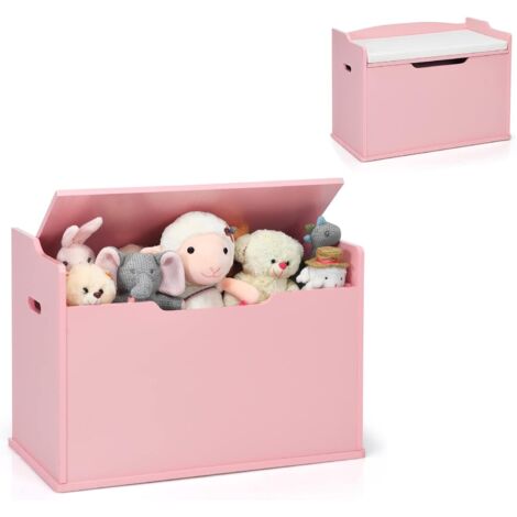 Coffre à Jouets en Bois Enfant avec Coussin & Couvercle Rabattable, Banc de Rangement Jouet Enfant avec Poignée Latérale, Charnière d Sécurité (1/5)