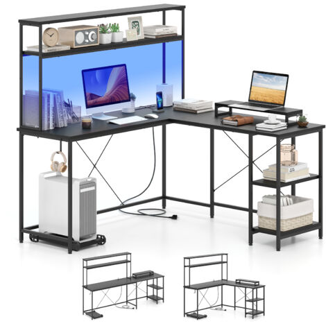 Bureau d'Ordinateur Reversible en Forme de L avec Bande LED et Prises de Courant, Support pour Écran & CPU, Crochet pour Casque, Noir