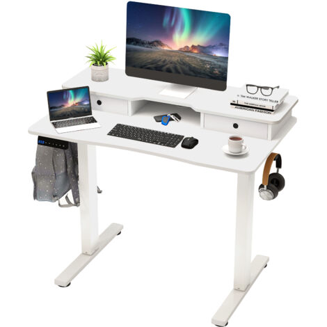 Bureau Assis-Debout Electrique 100x60 cm, avec 2 Tiroirs, Réglable en Hauteur, Support d'Ecran, 2 Crochets de Suspension, Blanc (1/5)