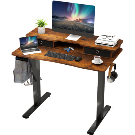 Bureau Assis-Debout Electrique 100x60 cm, avec 2 Tiroirs, Réglable en Hauteur, Support d'Ecran, 2 Crochets de Suspension, Marron Rustique (1/5)