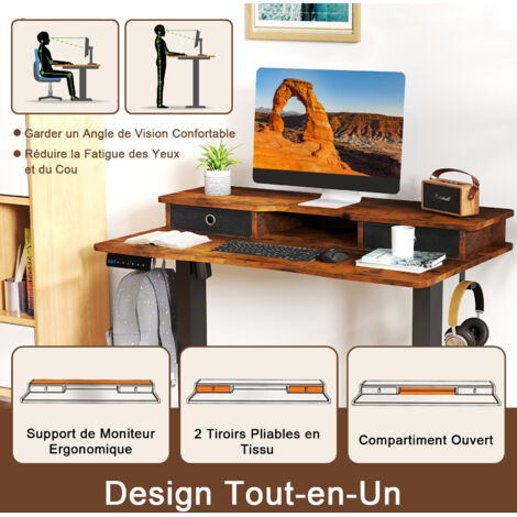 Bureau Assis-Debout Mobile, Réglable En Hauteur, Métal Avec Roulettes Marron Rustique Cw16264 85183071
