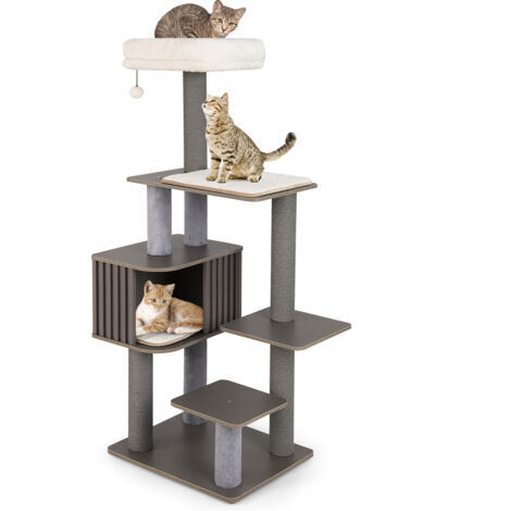 Arbre à Chat Multi-niveaux Haut 151CM, Perchoir Coussiné, Niche Style Clôture Moderne, Mobilier d'Escalade en Bois avec Boule Suspendue, Gris (1/5)