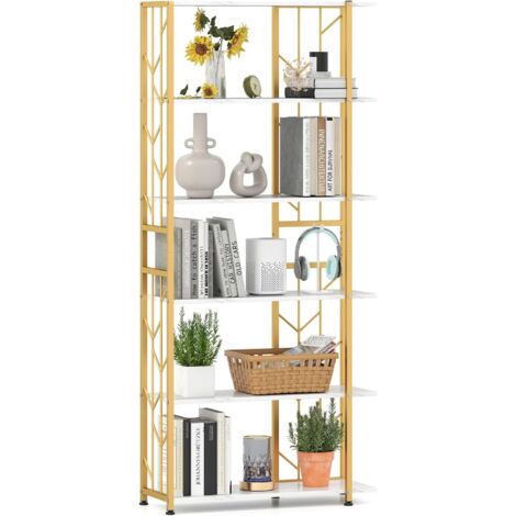 Bibliothèque à 6 Étagères,Géométrique avec Cadre Métallique, Étagère de Rangement Autonome avec 2 Kits Anti-basculement(Marron Rustique+Noir) (1/5)