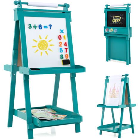 Chevalet Pliable pour Enfants, Double Face avec Tableau Noir et Tableau Blanc Magnétique, Rouleau de Papier Remplaçable, 3 Gobelets, Vert (1/5)