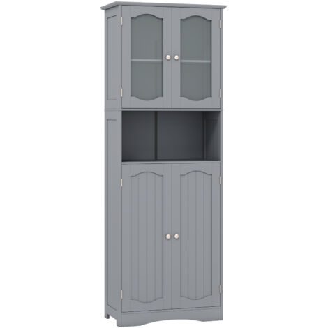 Costway – Colonne de salle de bain haute 60x30x164cm – 2 portes en verre trempé – 2 étagères réglables – 3 compartiments ouverts – MDF imperméable