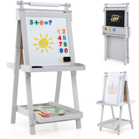 Chevalet Pliable pour Enfants, Double Face avec Tableau Noir et Tableau Blanc Magnétique, Rouleau de Papier Remplaçable, 3 Gobelets, Gris (1/5)