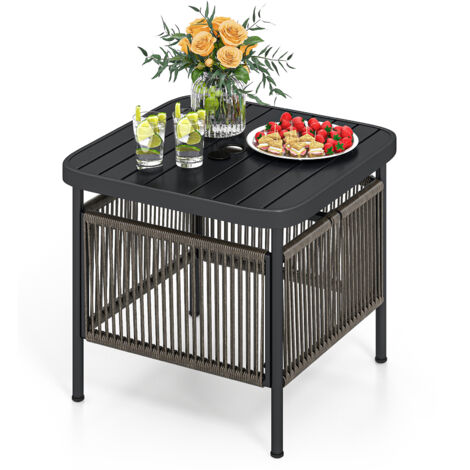 Table d'Appoint Exterieur avec Trou 4 cm, Tables Basses de Jardin Métallique à 2 Niveaux, Étagère de Rangement, pour Balcon Jardin (56 x 56 x 49 cm)
