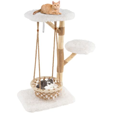 Costway – Arbre à chat XXL 123 cm – Bois de poirier – 3 plateformes – Balançoire hamac avec coussin amovible – Poteaux à griffer en jute