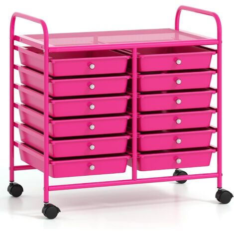 Chariot de Rangement à roulettes 12 Tiroirs en PP, Tour de Rangement avec Tablette, Roues Universelles, Cadre en Métal (Rose Bonbon) (1/5)