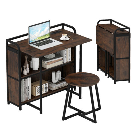 Bureau Pliable avec Tabouret, Ensemble de Bureau et Tabouret Portable avec Étagères de Rangement, Prises AC, Port USB & Type-C, Marron (1/5)