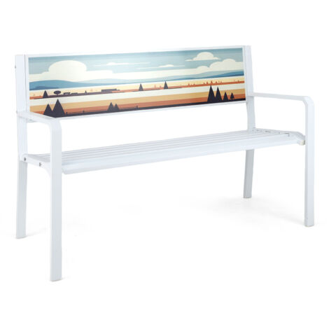 Banc de Jardin Extérieur, Banc de Patio 2 Places en Métal avec Dossier Décoratif, Assise à Lattes et Accoudoirs, 128 x 53 x 81,5 cm, Blanc