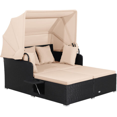 Costway – Transat bain de soleil 2 places en rotin – Auvent rétractable – Panneaux latéraux pliables – Coussins d’assise et dossier – Charge 360kg – Beige (1/5)