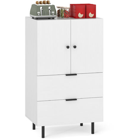 Buffet à 2 Portes avec Tiroirs et Rangement 60 x 41,5 x 102 cm , Meuble Bar sur Pied avec Pieds en Métal, Vitrine pour Salon, Cuisine, Blanc (1/5)