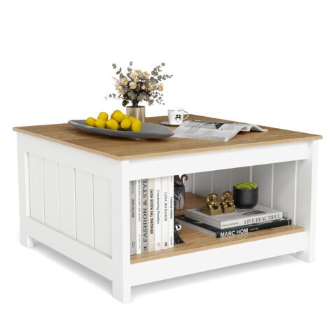 Table Basse, Table Carrée avec Étagère de Rangement, Table Centrale Rustique de Style Fermier, Mobilier de Salon Peu Encombrant pour la Maison
