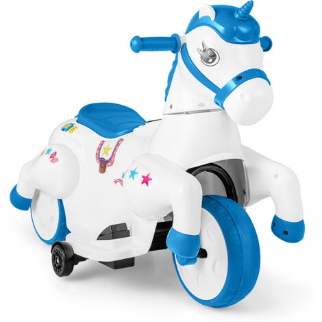 12V Moto Électrique Enfant Licorne avec Musique & Démarrage à Bouton, Cheval Électrique Enfant avec Mode Équitation pour 3 An+, 3 km/h, Bleu
