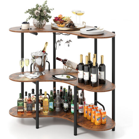 Table de Bar à Liqueur à 3 Niveaux avec Supports à Verres à Pied et Etagères de Rangement, pour Cuisine, Bar, 120 x 66 x 102 cm, Marron (1/5)