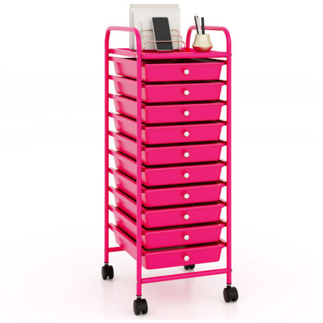 Tour de Rangement, Desserte à Roulettes avec 10 Tiroirs, Chariot de Rangement Stable Solide, 4 Roulettes Universelles avec Freins,Rose foncé (1/5)