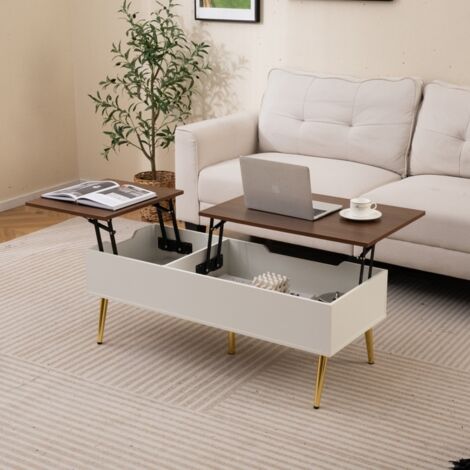 Costway – Table basse relevable avec 2 compartiments de rangement – Mécanisme à vérin à gaz – Dimensions 111 x 48 x 40-53,5 cm – Pieds en métal blanc
