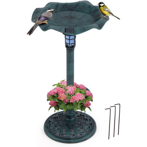 Bain d'oiseaux Énergie Solaire, Décoration d'Extérieur sur Piédestal Rétro avec Mangeoire avec Bol en Feuille de Lotus, Abreuvoir pour Oiseaux, Vert