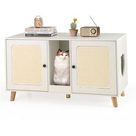 Meuble de 108 cm pour Bac à Litière de Chat, Double Compartiments, 2 Griffoirs en Sisal, Planche à Gratter, Armoire pour Animaux, Blanc (1/5)