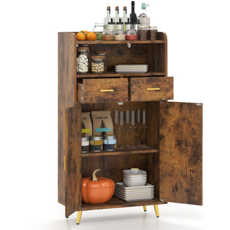 Meuble Salle de Bain Rangement, Armoire Salle de Bain avec 2 Tiroirs Placard à 2 Portes, Compartiment Ouvert, Étagère Réglable, 30 x 60 x 113CM,Marron (1/5)