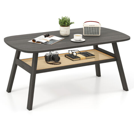 Table Basse à 2 Niveaux Rectangulaire avec Étagère de Rangement en Rotin,  Pieds en Bois de Caoutchouc, Style Rustique, 100 x 56 x 44 cm (1/5)