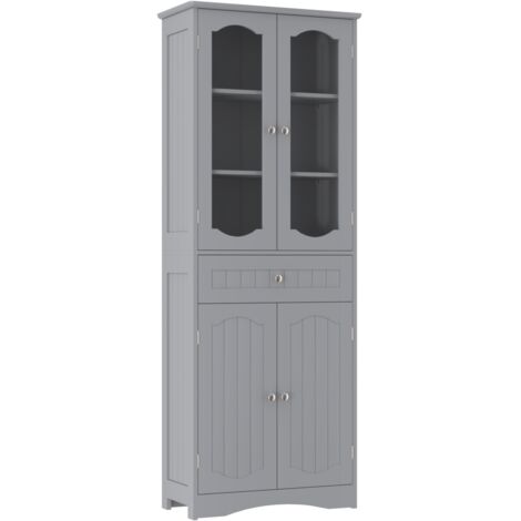 Armoire de Rangement de 160 cm de Haut, 2 Portes en Verre Transparent, 2 Etagères Réglables, 1 Tiroir, Autoportante, Gris (1/2)