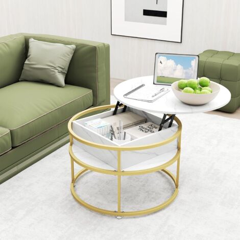 Costway – Table basse ronde relevable 80 cm – Compartiment caché et étagères latérales – Structure métallique robuste – Hauteur 63 cm