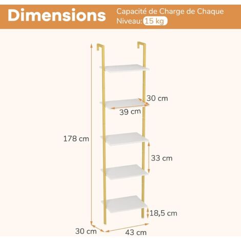 GOPLUS Étagère à Échelle 5 Niveaux 180cm - Bibliothèque Murale Ouverte Acier Doré Industriel Blanc+Marron
