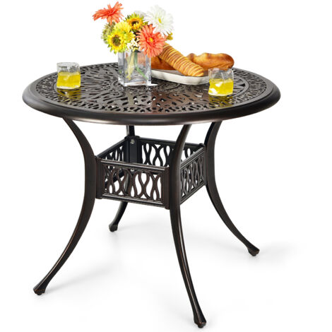 Table à Manger de Patio Ronde de 91 cm, Table d'Extérieur en Aluminium Moulé avec Trou pour Parasol de 5 cm, Pieds Réglables pour Jardin, Balcon (1/5)
