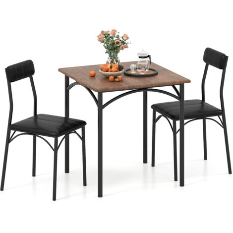Ensemble de Salle à Manger 3 Pièces, Table Carrée et 2 Chaises avec Sièges Rembourrés, Dossiers Rembourrés, Pieds en Métal Marron