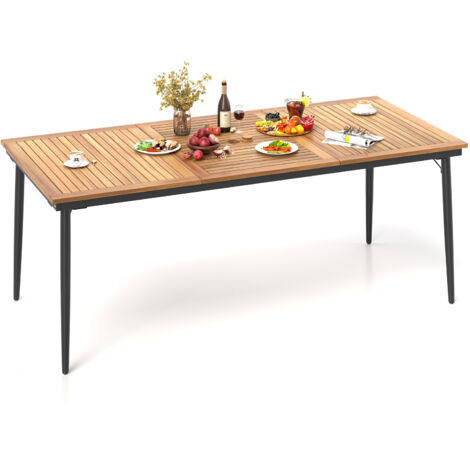 Costway – Table de jardin en bois d'acacia 200x90 cm – Pour 8 personnes – Trou pour parasol 5 cm – Pieds en métal renforcés
