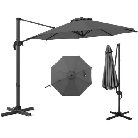 Parasol de Terrasse Rond 294 x 247 cm avec Rotation à 360°, Base en Forme de Croix, 5 Inclinaisons Réglables, 8 Baleines, Manivelle, Gris (1/5)