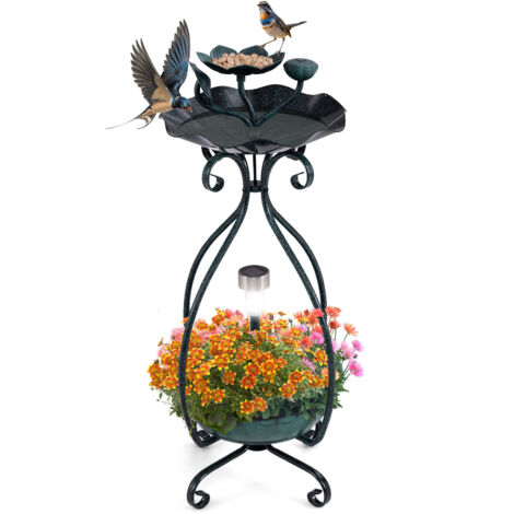 Bain d'oiseaux Énergie Solaire, Décoration Abreuvoir d'Extérieur sur Pied Rétro Éclairé avec Piédestal de Jardinière à Fleurs Lumières Solaires, Vert