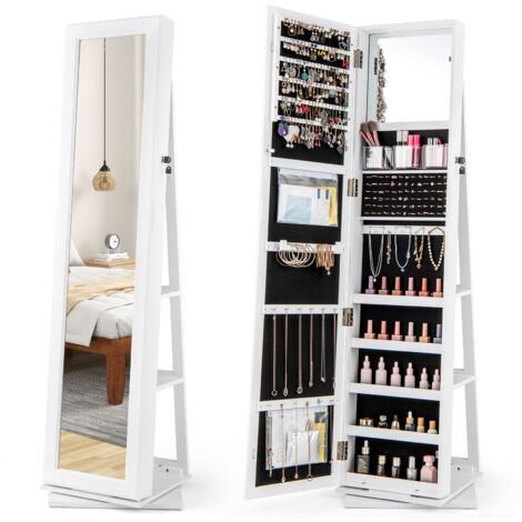 Costway – Armoire à bijoux pivotante 360° avec miroir en pied – 120 emplacements pour boucles d'oreilles – 3 boîtes de rangement – 2 poches zippées – Blanc (1/2)