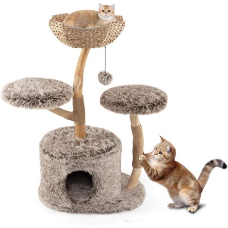 Arbre à Chat, Arbre a Chat Bois en Poirier Massif, 3 Plateformes, 2 Poteaux à Griffer en Jute,Tissue Peluche, 60 x 60x105 cm (105 cm) (1/5)
