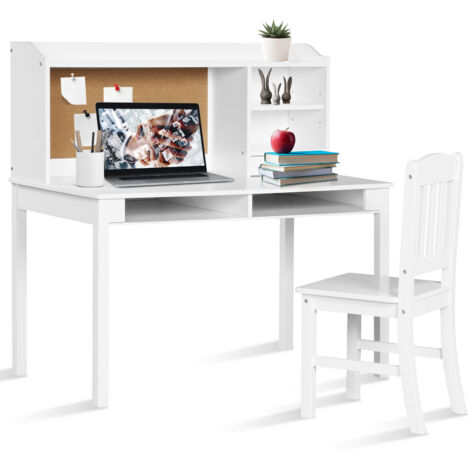 Bureau pour Enfant avec Chaise, Plateau, Tiroirs, Étagères, Tableau d'Affichage en Liège, Station de Bureau pour Chambre, Bureau, Salon, Blanc (1/5)