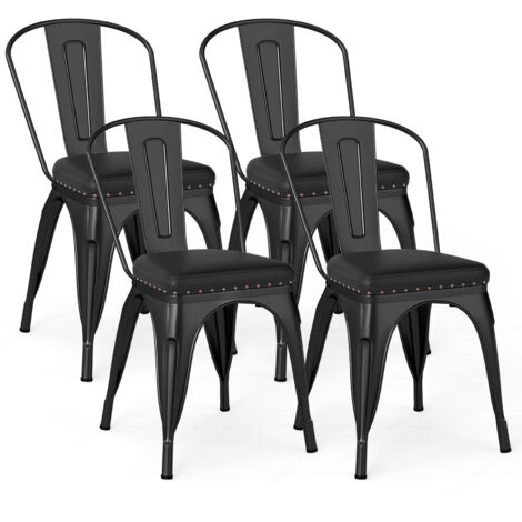Set de 4 Chaises de Salle à Manger en Métal, Chaises de Cuisine Empilables avec Dossier Amovible et Assise Rembourrée Charge 150 kg, Noir (1/5)