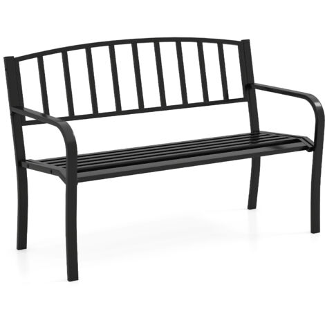 Banc de Jardin de 127 cm en Métal pour 2-3 Personnes avec Dossier à Lattes et Accoudoirs Incurvés, pour Porche, Pelouse, Cour, Parc, Noir