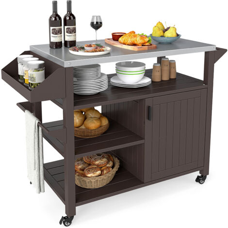 Chariot de Grill Extérieur Mobile 116 x 50 x 87cm, avec Armoire, Étagères et Plateau en Acier Inoxydable, Porte-épices pour BBQ, Camping, Fête