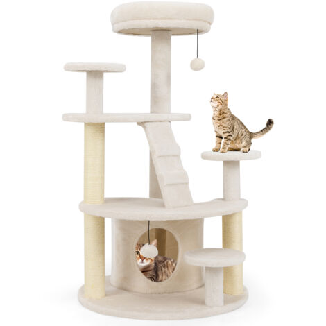 Arbre à Chat XXL 101CM, 2 Poteaux à Griffer Sisal, 7 Plateforme, Condo, Échelle d'Escalade, 2 Pompons Suspendu, pour Chats Âgés/Nains, Beige